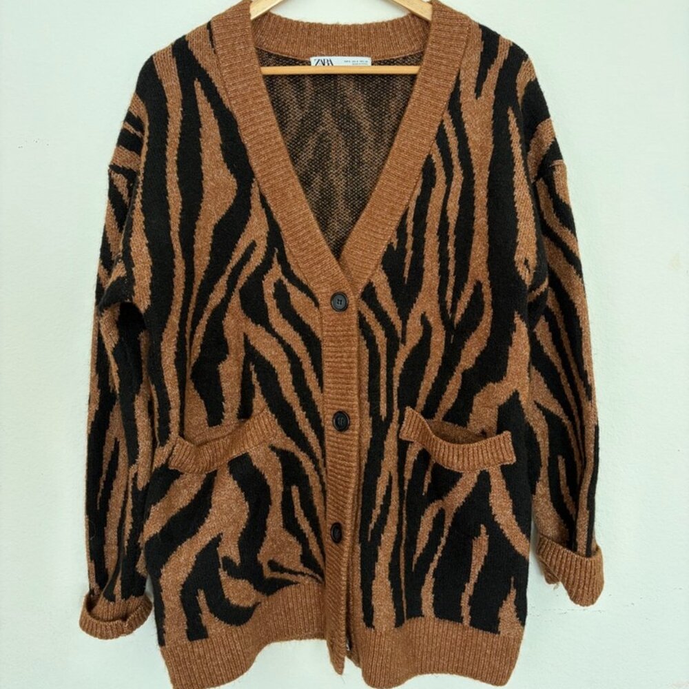 Zara Long Animal Print Knit Cardigan
